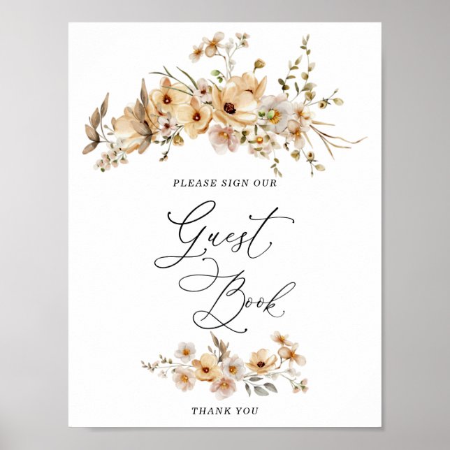 Poster Livro de Visitas de Chá de Noiva com Flores Silves (Frente)