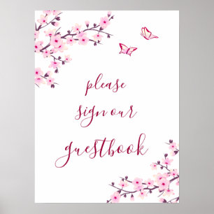 Poster Livro de Visitas de Noiva com Flores de Cerejeira