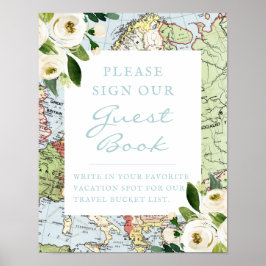 Poster Livro de Visitas de Viagem com Mapa Floral para As