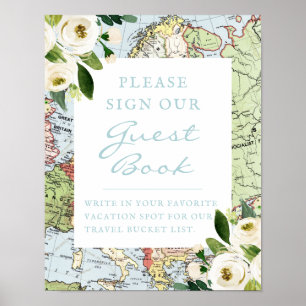 Poster Livro de Visitas de Viagem com Mapa Floral para As