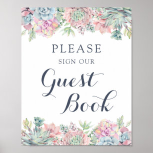 Poster Livro de Visitas Elegante Suculentas Aquarela Rosa