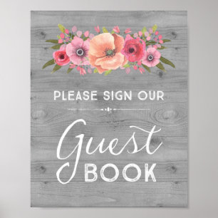Poster Livro de Visitas Floral Aquarela em Madeira Sinal