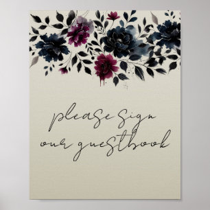 Poster Livro de Visitas Floral Azul Meia-Noite Borgonha I