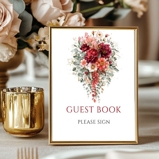 Poster Livro de Visitas Floral Outono Bege com Sinal de E (Maroon Autumn Floral Guest Book Eucalyptus Sign

)