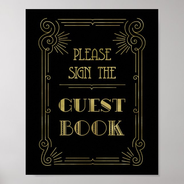Poster Livro de Visitas Placa de Casamento Dourado Preto  (Frente)