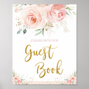 Poster Livro de Visitas Rosa Floral Chic com Folhagem Dou