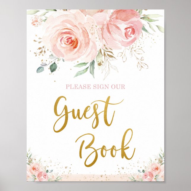 Poster Livro de Visitas Rosa Floral Dourado Chic (Frente)