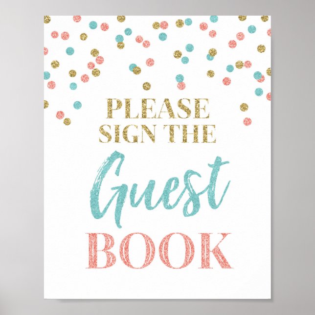 Poster Livro de Visitas Sinal de Casamento Ouro Coral Con (Frente)