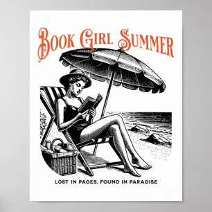 Poster Livro Rapariga Verão Férias de Praia Lendo Livro _