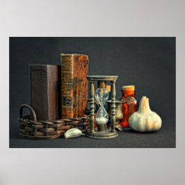 Póster Livros antigos e ampulheta