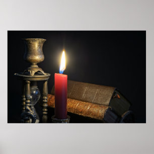 Poster Livros antigos e ampulheta em fundo escuro