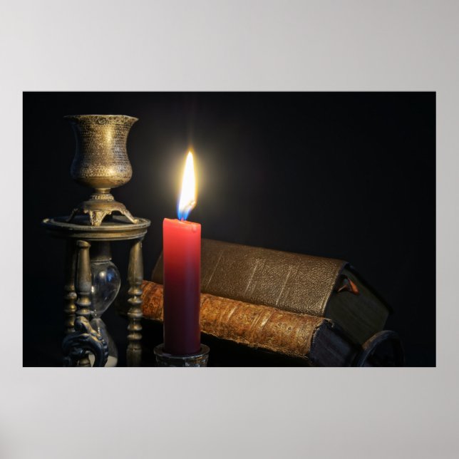 Poster Livros antigos e ampulheta em fundo escuro (Frente)