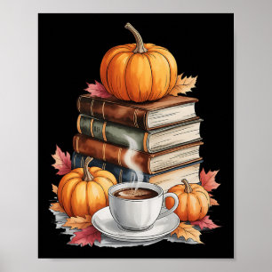 Poster Livros Café Outono Folhas E Abóboras Vintage Bibli