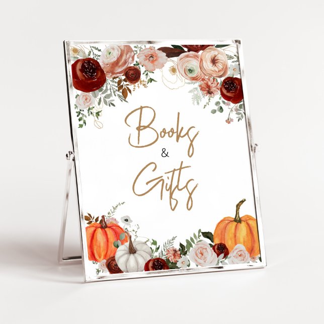 Poster Livros de Abóbora e Presentes de Marsala Burgundy (Fall Floral Pumpkin Baby Shower Books and Gifts Sign)