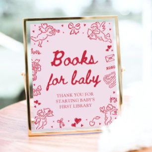 Poster Livros de Baby Shower Rosa Vermelho para Bebê no D
