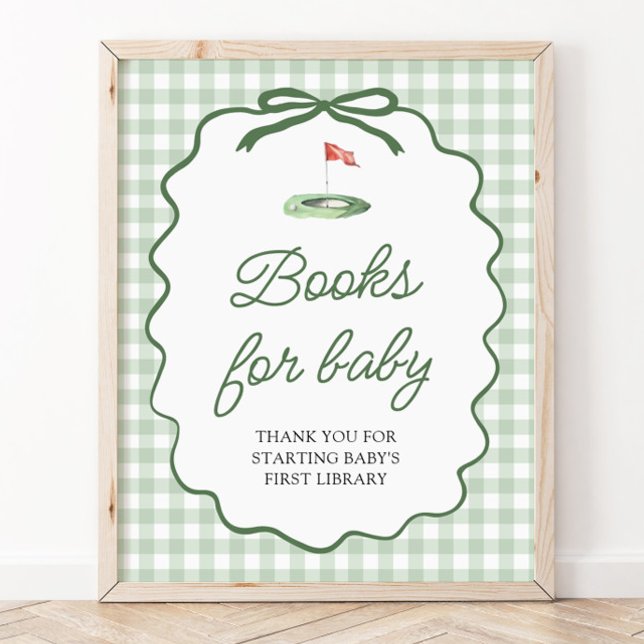 Poster Livros de bebê para chá de bebê com laço de golfe  (Sage Green Golf Bow Baby Shower Diaper Raffle Game Sign)