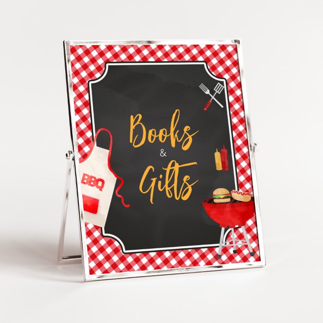 Poster Livros de Chá de fraldas de Gingham Vermelho (Burger in the Oven Baby Shower Books and Gifts Sign)