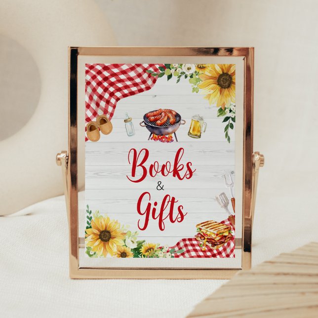 Poster Livros de Chá de fraldas de girassol e presentes (Backyard Picnic Baby Shower Books and Gifts Sign)