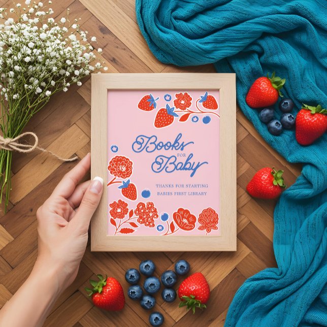 Poster Livros De chá de fraldas Para Bebês E Flores (Baby Shower Books For Baby Berries & Flowers Poster)