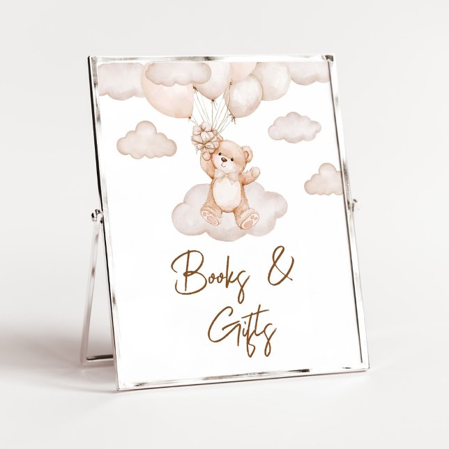 Poster Livros de Chás de fraldas e presentes de balões pa (Brown Bear Balloon Bearly Wait Baby Shower Books and Gifts Sign)