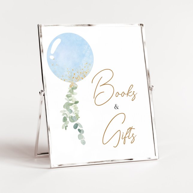Poster Livros de Chás de fraldas e presentes para o "Boy  (Blue Balloon Eucalyptus Baby Shower Books and Gifts Sign)
