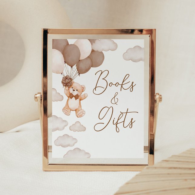 Poster Livros de Espera e Presentes do Balão de Urso Cast (Brown Baby Bear Balloon Baby Shower Books and Gifts Sign)