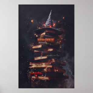 Poster Livros de Feitiçaria com Chapéu Mágico de Bruxo na