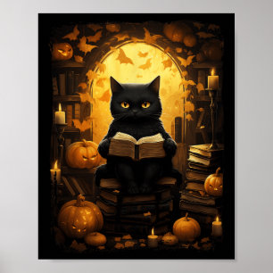 Poster Livros de Leitura de Gatos Negros Pumpkin Outono P