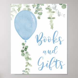 Poster Livros e presentes: chá de fraldas de balões azuis