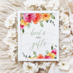 Poster Livros e presentes chá de fraldas floral brilhante