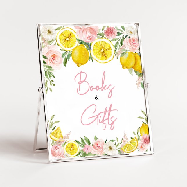 Poster Livros e presentes cor-de-rosa para limões (Summer Lemon Citrus Baby Shower Books and Gifts Sign)