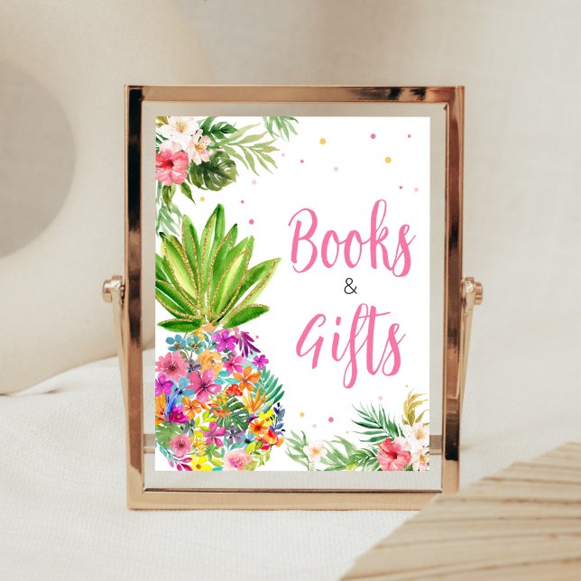 Poster Livros e presentes de abacaxi tropical (Aloha Pineapple Baby Shower Books and Gifts Sign)
