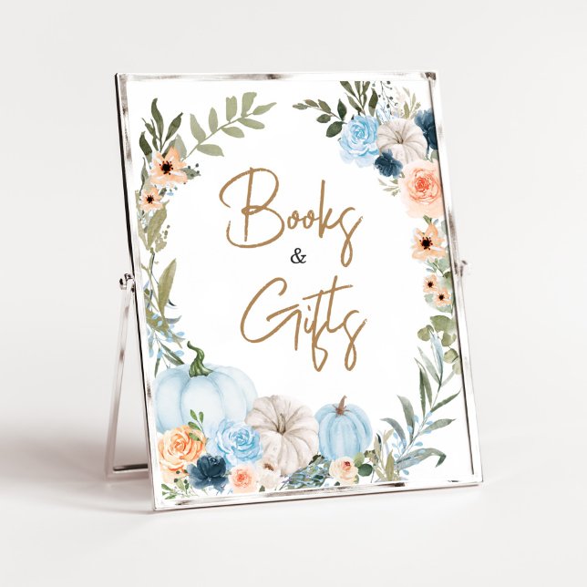 Poster Livros e presentes de abóbora de outono azuis (Autumn Little Pumpkin Baby Shower Books and Gifts Sign)