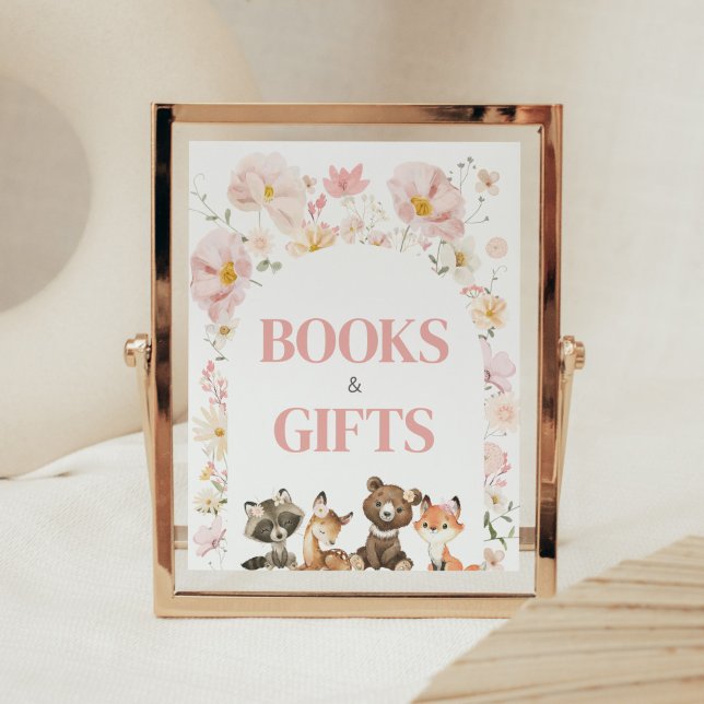 Poster Livros e presentes de animais de floresta florim,  (Pink Flower Woodland Animals Baby Shower Books and Gifts Sign)