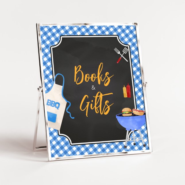 Poster Livros e presentes de Chá de fraldas CHURRASCO Gin (Boy Baby-Q Baby Shower Books and Gifts Sign)