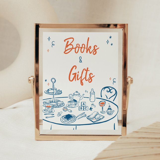 Poster Livros e presentes de Chá de fraldas de festas des (Hand Drawn Baby Brunch Party Baby Shower Books and Gifts Sign)