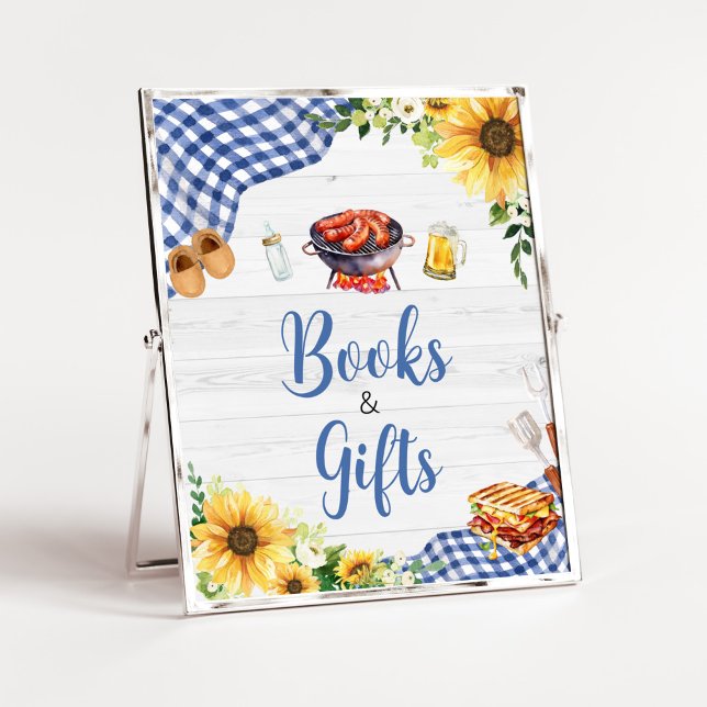 Poster Livros e presentes de Chá de fraldas de girassol a (Boy Picnic Backyard Baby Shower Books and Gifts Sign)