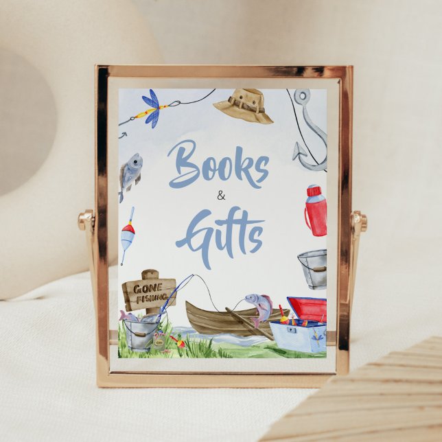 Poster Livros e presentes de Chá de fraldas de pesca (Little Fisherman Baby Shower Books and Gifts Sign)