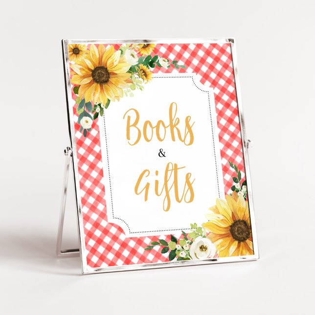 Poster Livros e presentes de Chás de fraldas de girassol  (Floral Picnic Baby Shower Books and Gifts Sign)