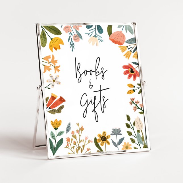 Poster Livros e presentes de flores silvestres e brilhant (Botanical Bright Wildflower Baby Shower Books and Gifts Sign
)