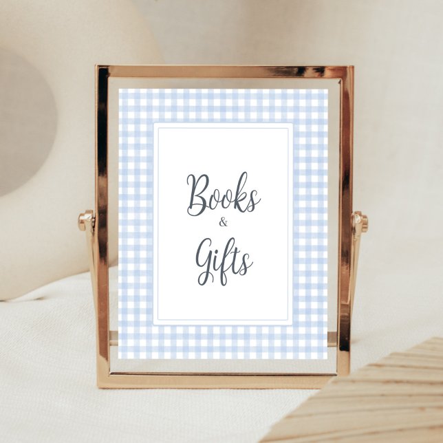 Poster Livros e presentes de Gingham Azul Clássico (Boy Gingham Baby Shower Books and Gifts Sign)