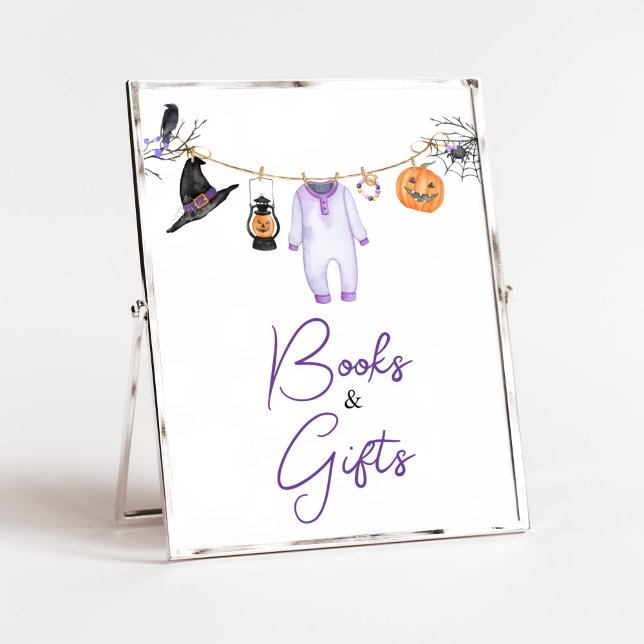 Poster Livros e presentes de Halloween de Boo Roxo (Halloween Baby Clothes Baby Shower Books and Gifts Sign)