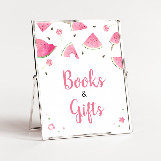 Poster Livros e presentes de melancia de bebê doce (Watermelon Sweet Little Baby Shower Books and Gifts Sign)