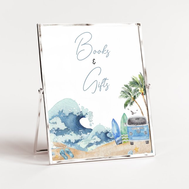 Poster Livros e presentes do Chá de fraldas de praia do C (Surfing Summer Baby Shower Books and Gifts Sign)