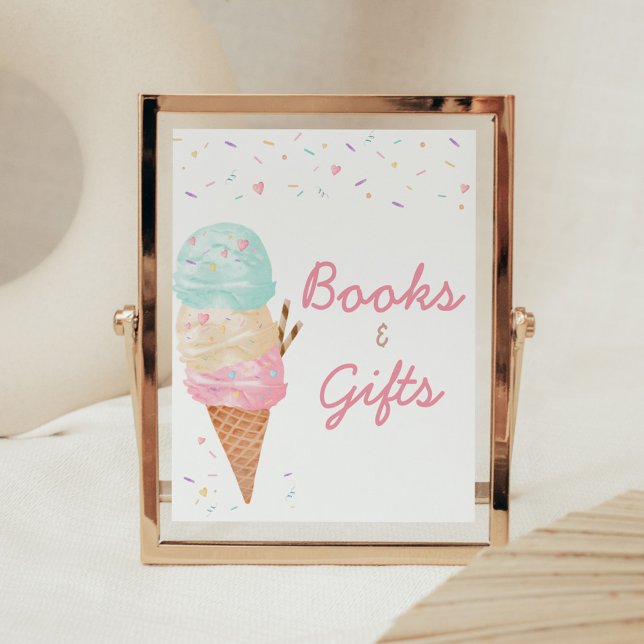 Poster Livros e presentes do Chá de fraldas do sorvete (Ice Cream Sprinkled with Love Baby Shower Books and Gifts Sign)