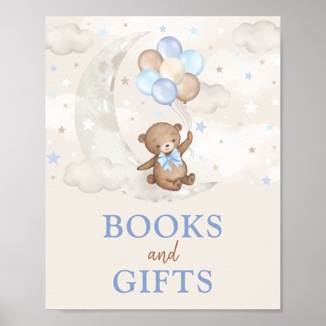 Poster Livros e presentes Lua Lua Urso Azul Balões Marron (Frente)