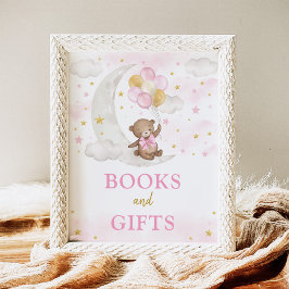 Poster Livros e presentes Lua Urso Rosa Rosa Dourado