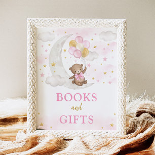 Poster Livros e presentes Lua Urso Rosa Rosa Dourado