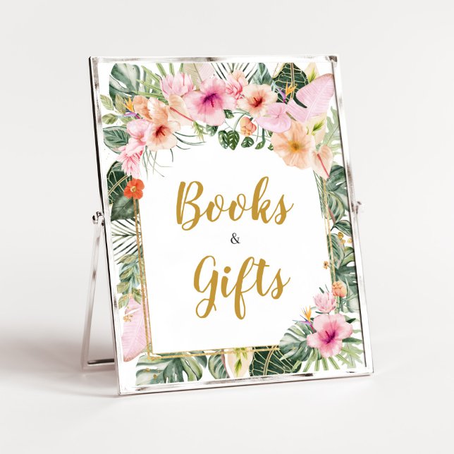 Poster Livros e presentes tropicais da Aloha (Girl Hawaiian Baby Shower Books and Gifts Sign)