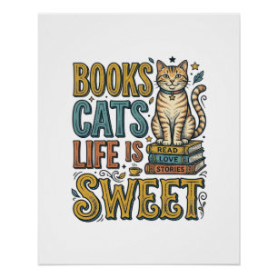 Póster Livros Gatos A Vida É Doce Design Para Leitores de